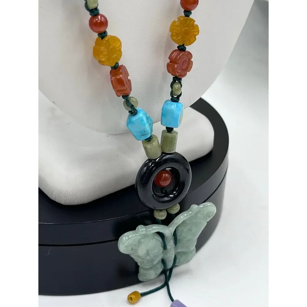 Jadeite Butterfly Carnelian Turquoise Beaded Hand Knotted‎ Green Cord Necklace